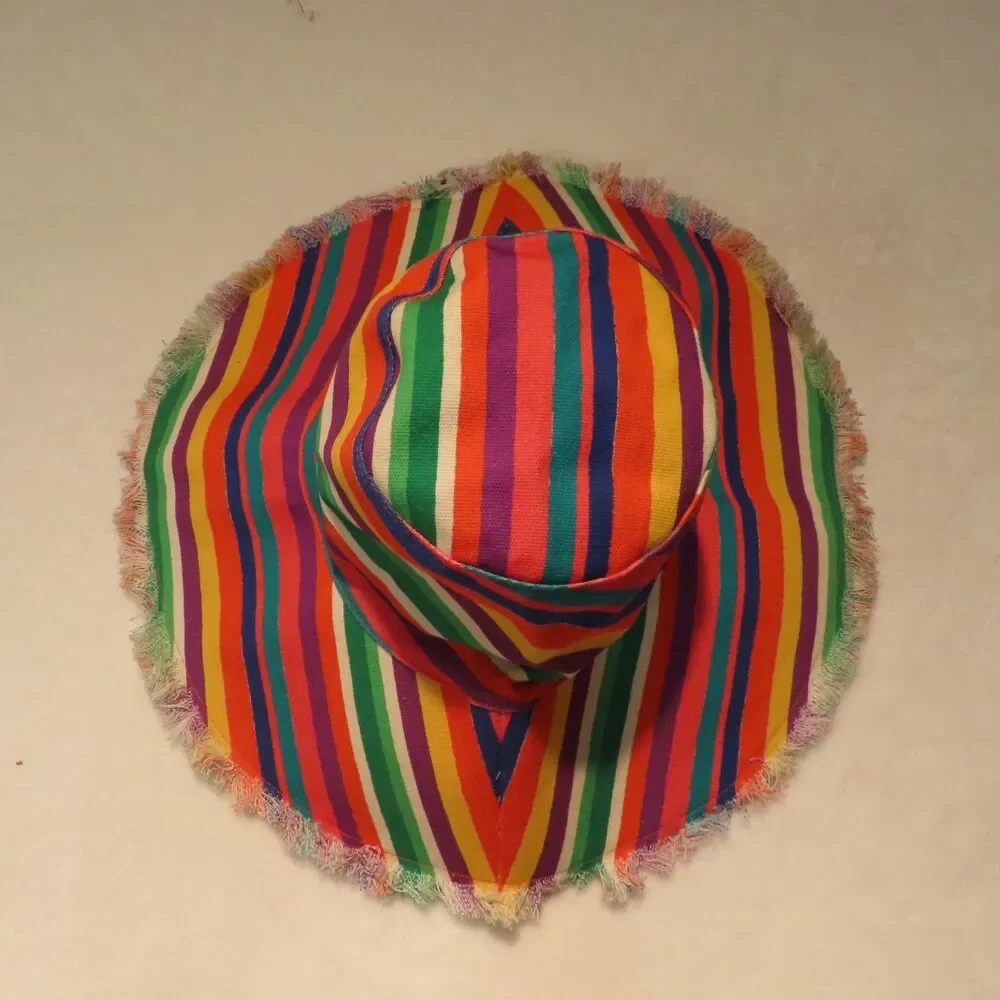 Frances Valentine Sun Hat Womens Multicolored Striped Cotton Fringe Brim